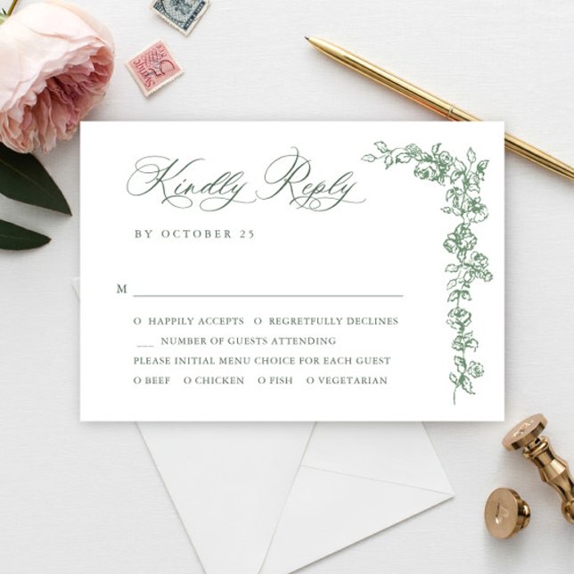 Renaissance Ornate Floral Sage Green Wedding RSVP Card (Creator Uploaded)