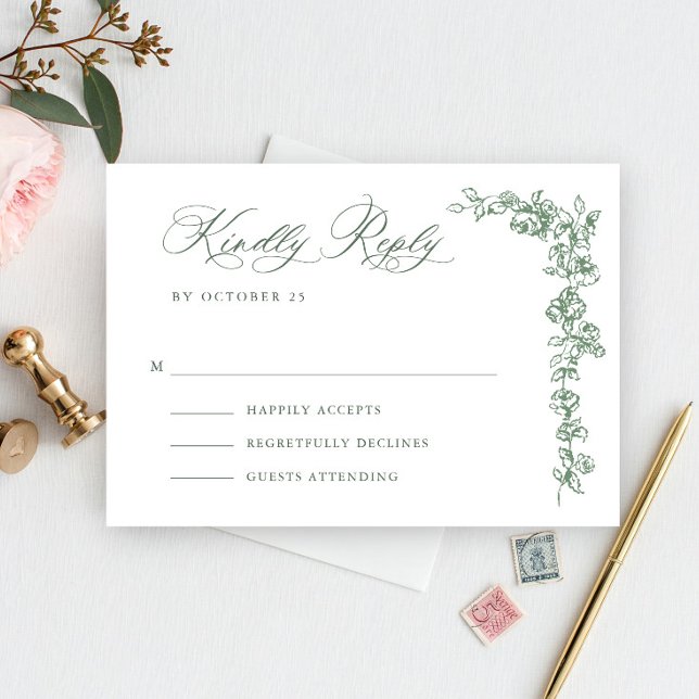 Renaissance Ornate Floral Sage Green Wedding RSVP Card (Creator Uploaded)