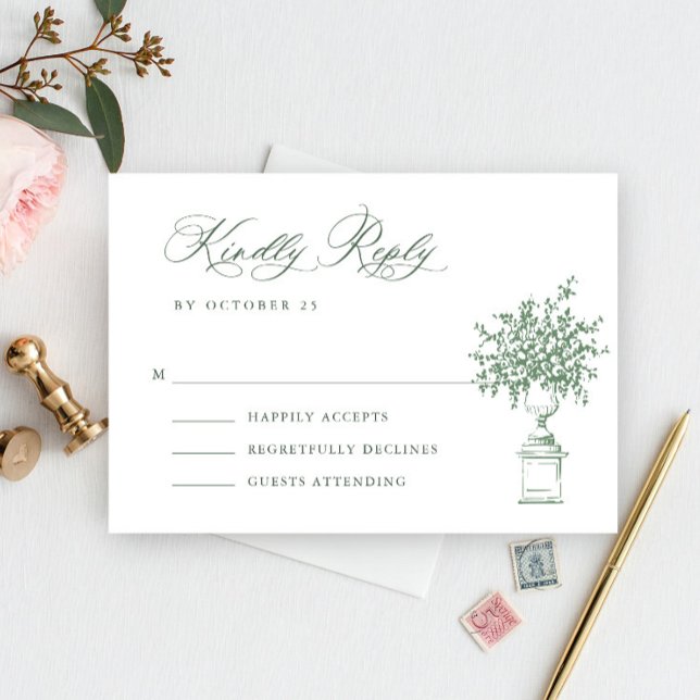 Renaissance Ornate Floral Sage Green Wedding RSVP Card (Creator Uploaded)