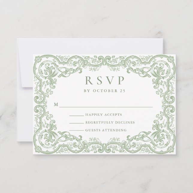 Renaissance Ornate Floral Sage Green Wedding RSVP Card (Front)