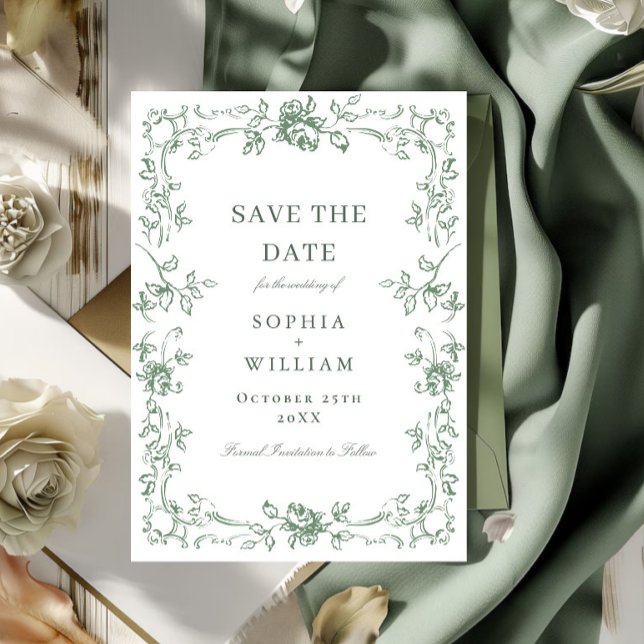 Renaissance Ornate Floral Sage Green Wedding Save The Date (Creator Uploaded)