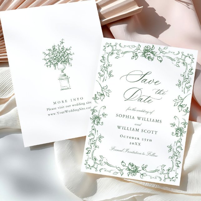 Renaissance Ornate Floral Sage Green Wedding Save The Date (Creator Uploaded)