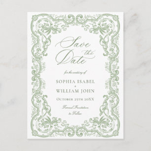 Renaissance Ornate Green Wedding Save the Date Postcard