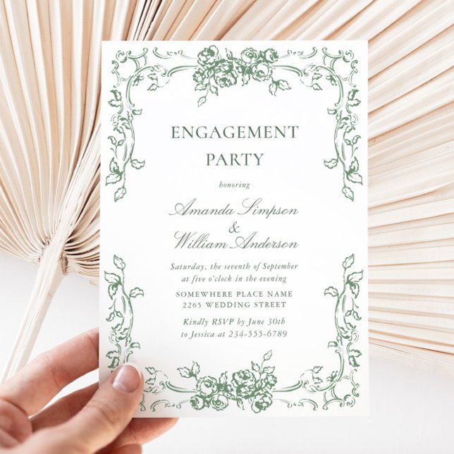 Renaissance Ornate Sage Green ENGAGEMENT PARTY Invitation (Creator Uploaded)