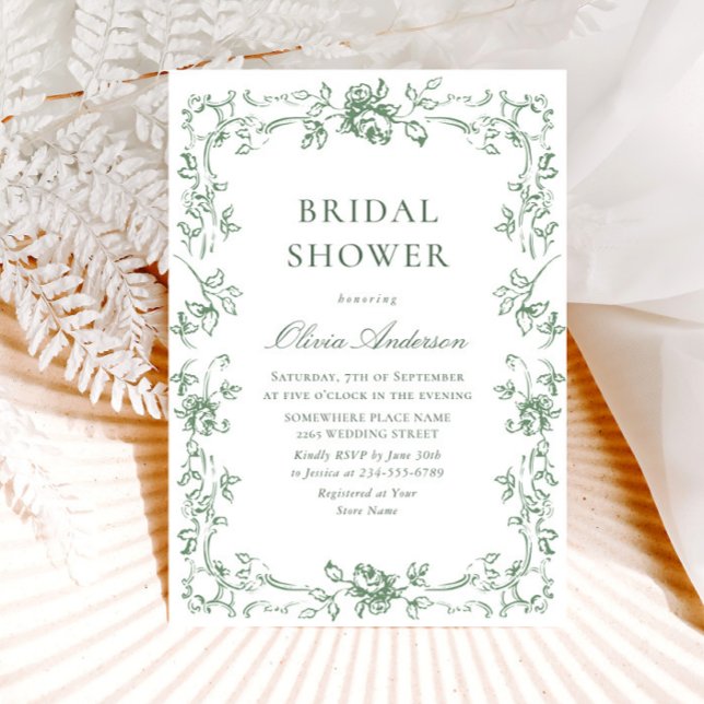 Renaissance Ornate Sage Green Floral Bridal Shower Invitation (Creator Uploaded)