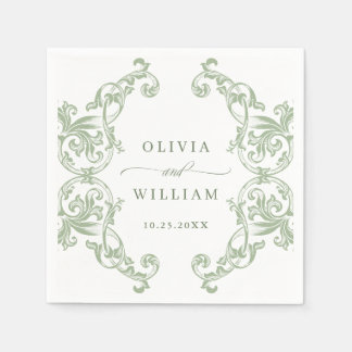Renaissance Ornate Sage Green Floral Wedding Napkin