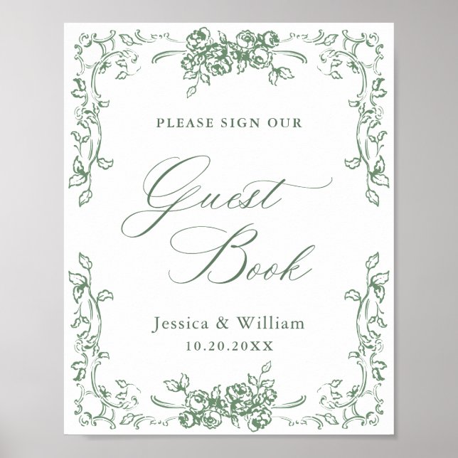 Renaissance Ornate Sage Green Guestbook Sign (Front)