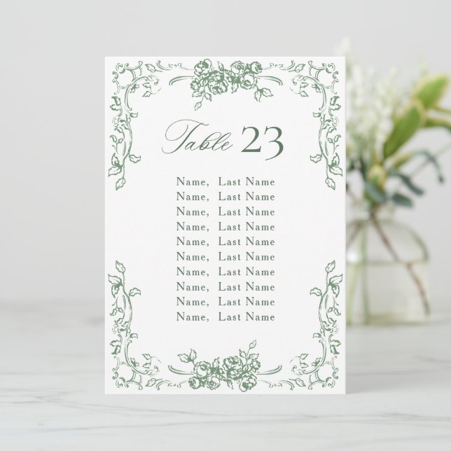 Renaissance Ornate Sage Green Seating Chart Card (Standing Front)