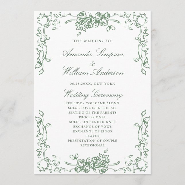 Renaissance Ornate Sage Green Wedding Ceremony Programme (Front)