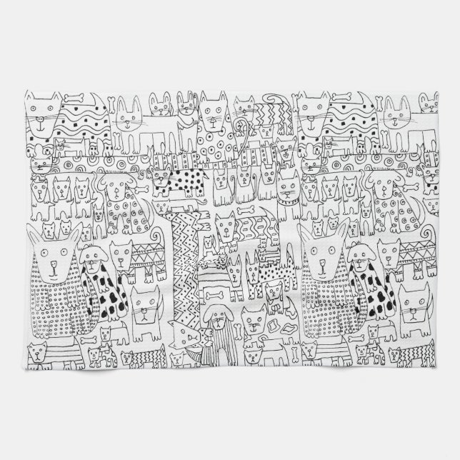 rendy Black and White Dogs And Puppies Pattern Tea Towel (Horizontal)