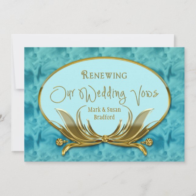 Renewing Wedding  Vows - Elegant Blue/Gold/Frame Invitation (Front)