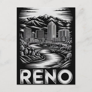 Reno Nevada Skyline Black White Woodcut Holiday Postcard