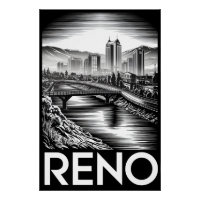 Reno Nevada Skyline Black White Woodcut