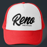 Reno Nevada Trucker Hat<br><div class="desc">Reno Nevada Trucker Hat. Custom baseball cap with city and state name. Stylish hand lettering script typography design. Available in red and other cool colours. Fun Birthday gift idea for friends and family. Nickname: The biggest little city in the world.</div>
