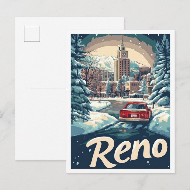 Reno Nevada USA Art Vintage Travel Illustration Postcard (Front/Back)