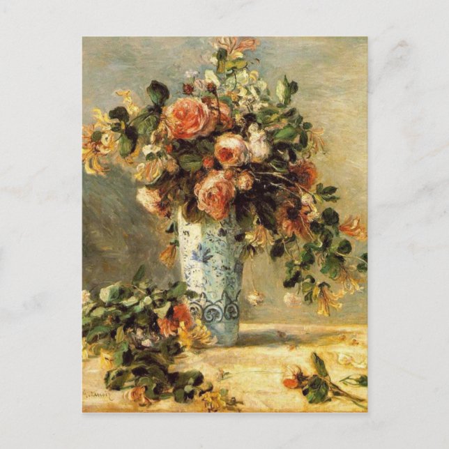 Renoir Roses and Jasmine in a Delft Vase Holiday Postcard (Front)