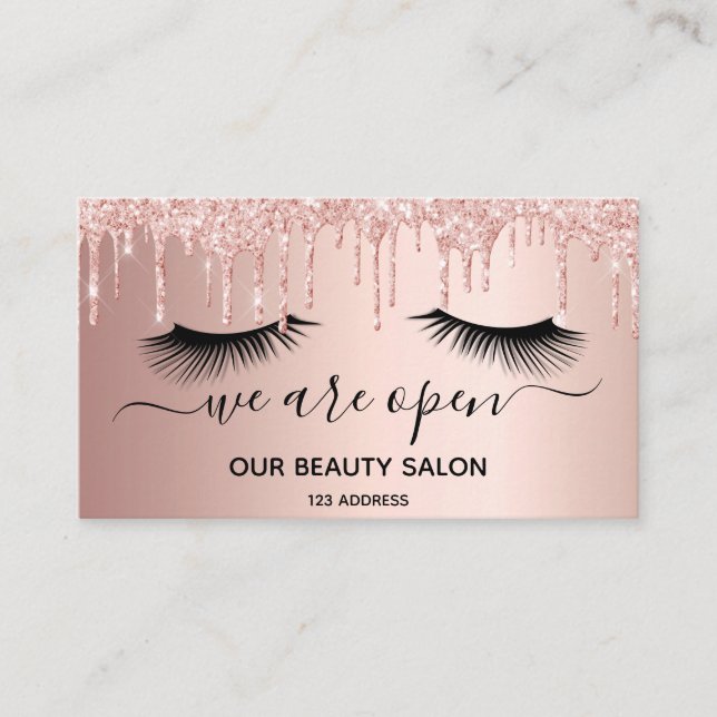 Reopening beauty salon rose gold glitter lashes business card (Front)
