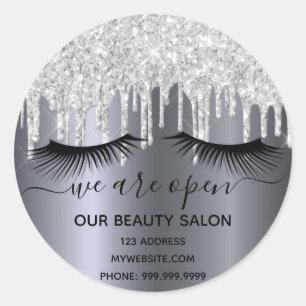 Reopening beauty salon silver glitter lashes classic round sticker