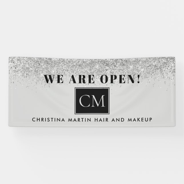 Reopening Hair and Makeup Silver Grey Glitter Banner (Horizontal)