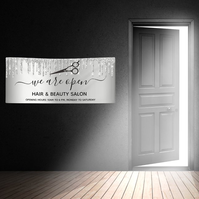 Reopening hair beauty salon glitter silver sparkle banner (Creator Uploaded)