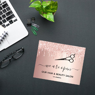 Reopening hair beauty salon rose gold glitter drip flyer