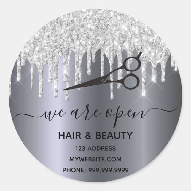 Reopening hair silver glitter beauty salon sparkle classic round sticker (Front)