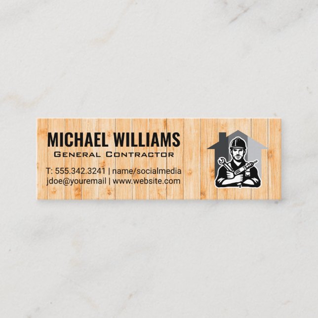 Repairman with Hand Tools | Wood Mini Business Card (Front)