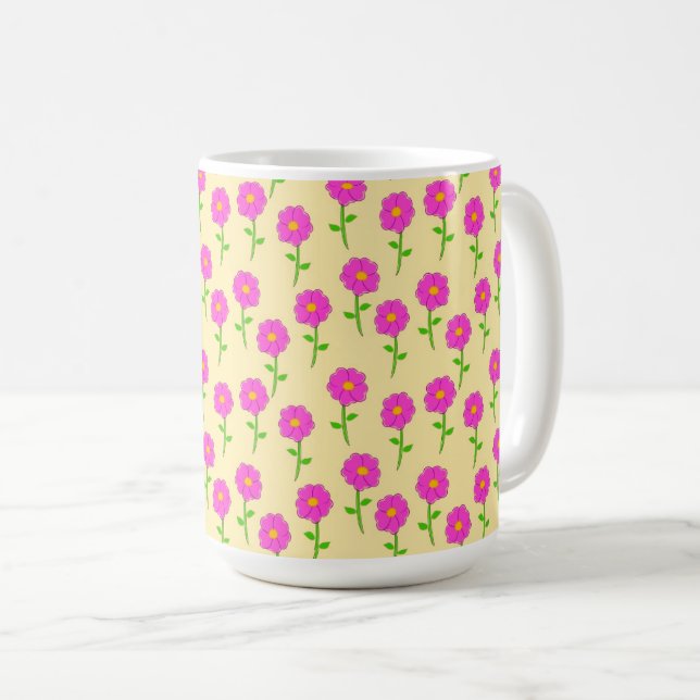 Repeat Flower Pattern with Hot Pink Flowers Coffee Mug (Front Right)
