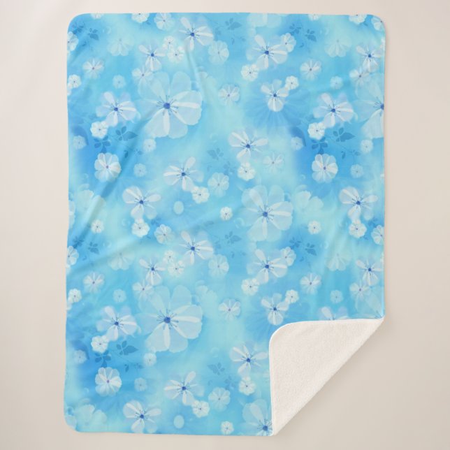Repeat pale sky blue - white watercolor flowers sherpa blanket (Front)