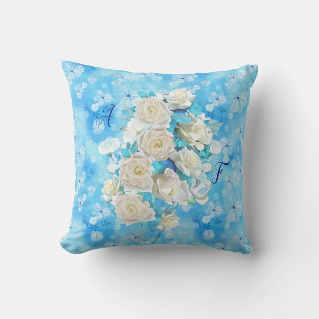 Repeat pale sky blue - white watercolor Roses Cushion (Front)
