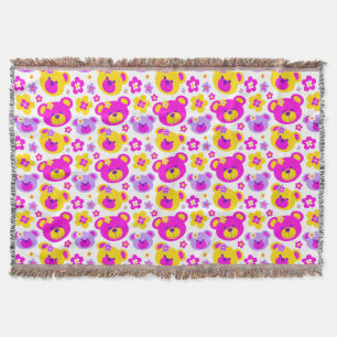 Repeat pattern teddy bear flower pink yellow throw blanket