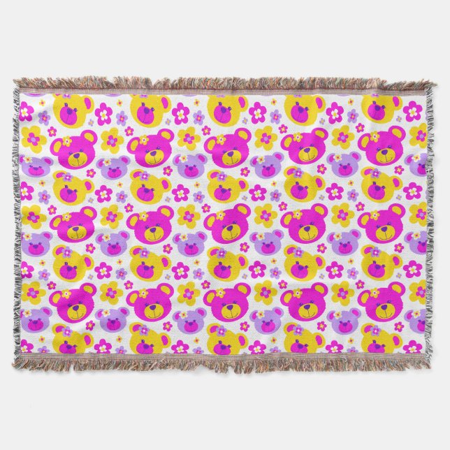 Repeat pattern teddy bear flower pink yellow throw blanket (Front)