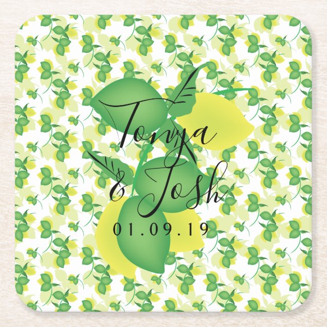 Repeat Silo Lemon Lime Modern Wedding Square Paper Coaster (Front)