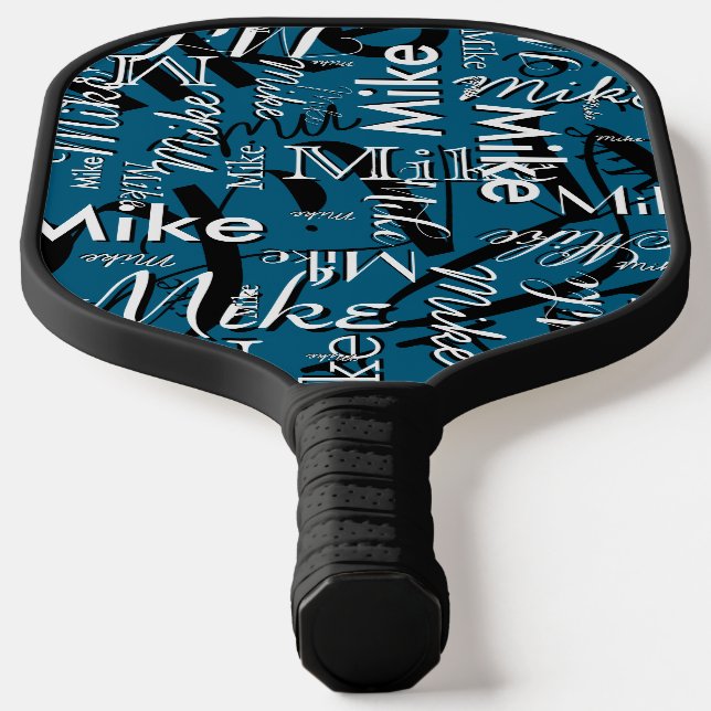Repeating Black&White Name All Over Blue Pickleball Paddle (Laydown)