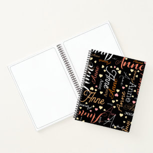 Repeating Colour Name and Hearts all over Black Notebook