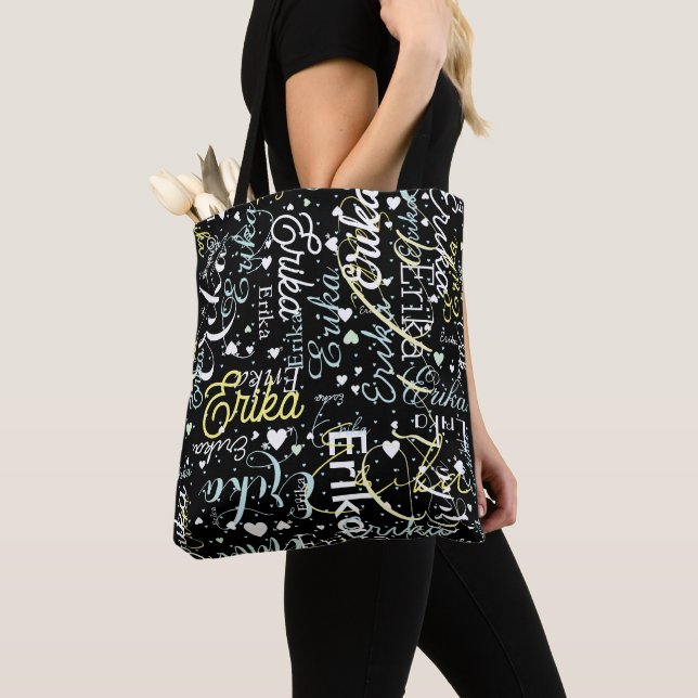 Repeating Custom Name with Hearts Romantic black Tote Bag (Close Up)