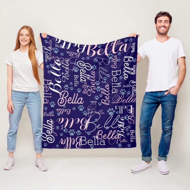 Repeating Dog Name all over dark blue Fleece Blanket (In Situ)