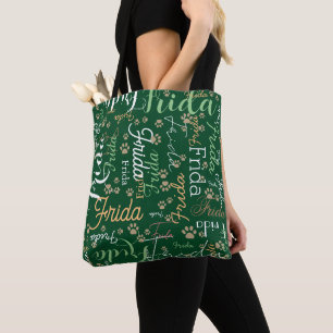 Repeating Dog Name and Paw Prints all over Green  Tote Bag