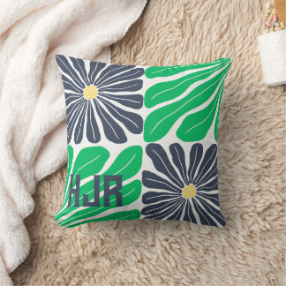Repeating Flower Pattern Green Blue Monogram Name Cushion