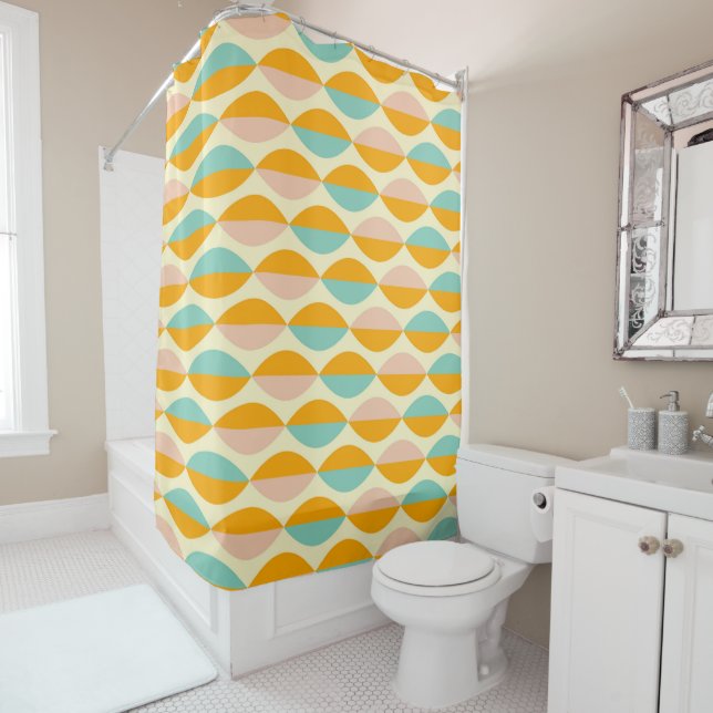 Repeating geometric pattern in beige background shower curtain (In Situ)