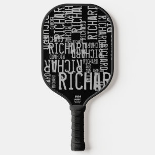 Repeating Grey Names on Black Pickleball Paddle