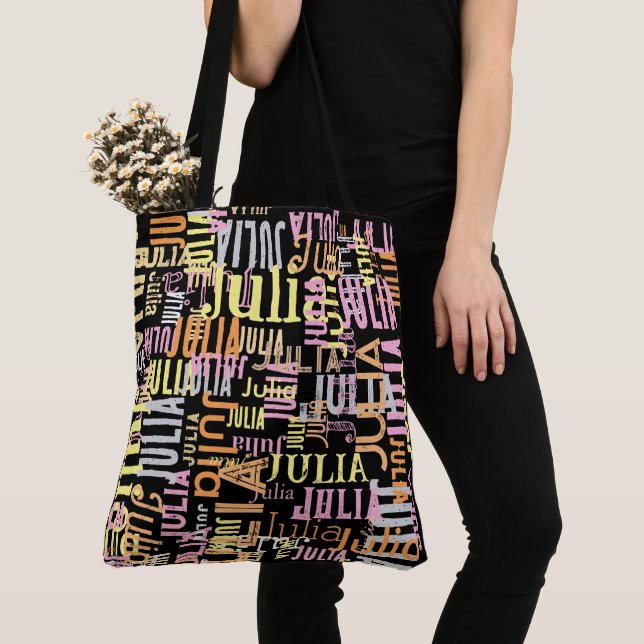 Repeating Her Name in Colours over Black Tote Bag (Close Up)