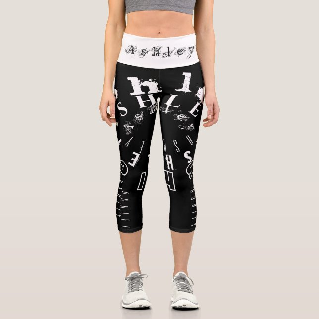 Repeating Name 6 Letters White Black HWCL Capri Leggings (Front)