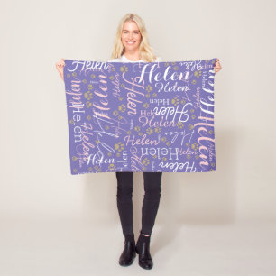 Repeating Name and Dog Paw allover periwinkle  Fleece Blanket