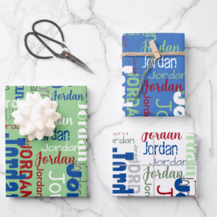 Repeating Name Blue Green Red Christmas Wrapping Paper Sheet