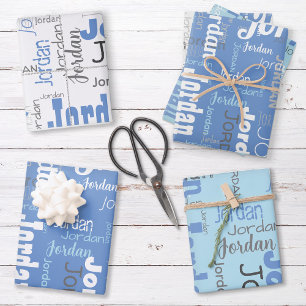 Repeating Name Cornflower Blue White Gray Wrapping Paper Sheet