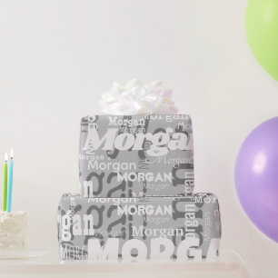 Repeating Name Grey White Modern Neutrals Trendy Wrapping Paper