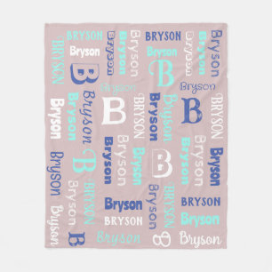 Repeating Name & Initial Grey Blue Navy Fleece Blanket