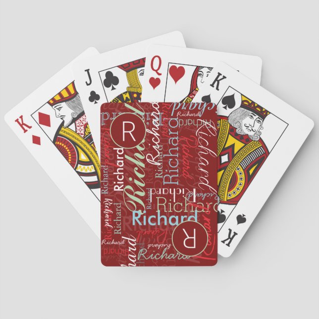 Repeating Name Monogram Personalised deep red Playing Cards (Back)