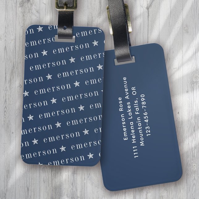 Repeating Name Monogram Star Blue Luggage Tag (Creator Uploaded)